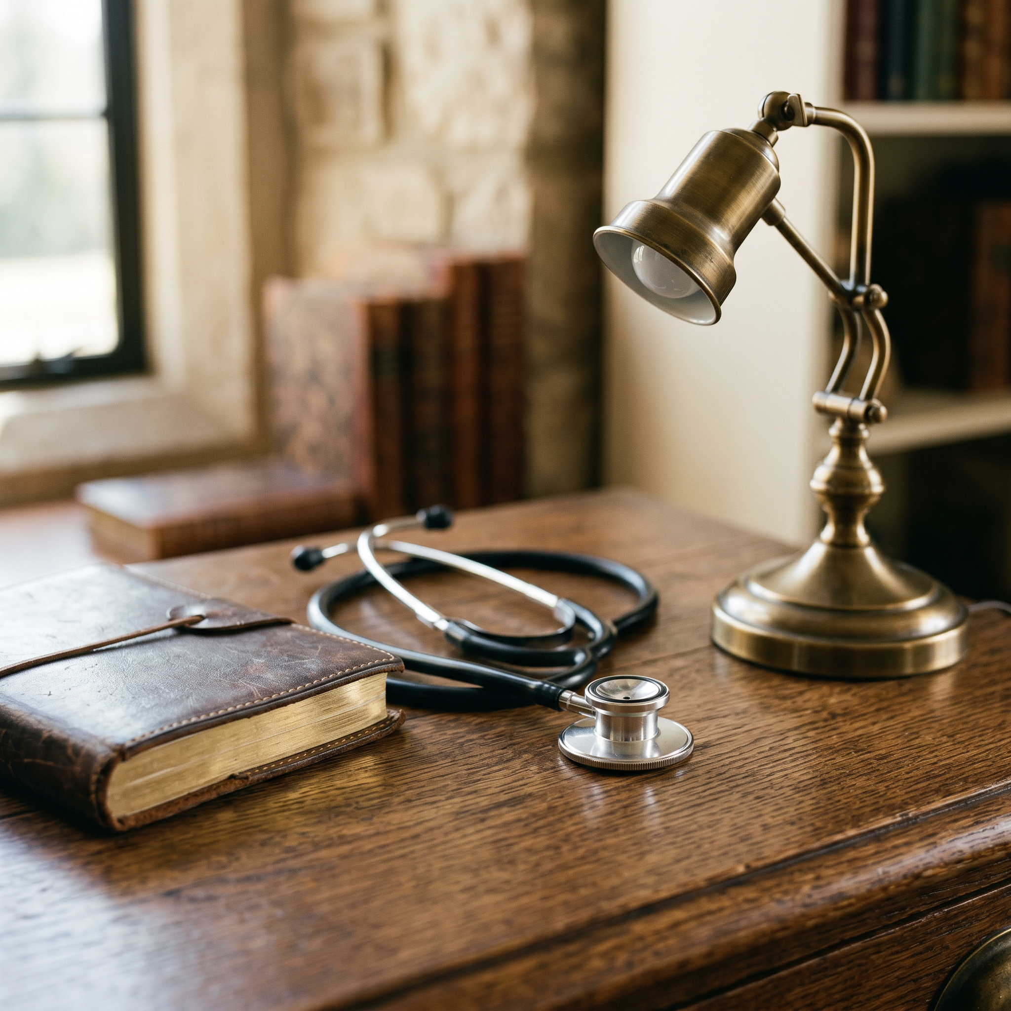 A stethoscope resting on a warm oak desk beside a leather notebook.