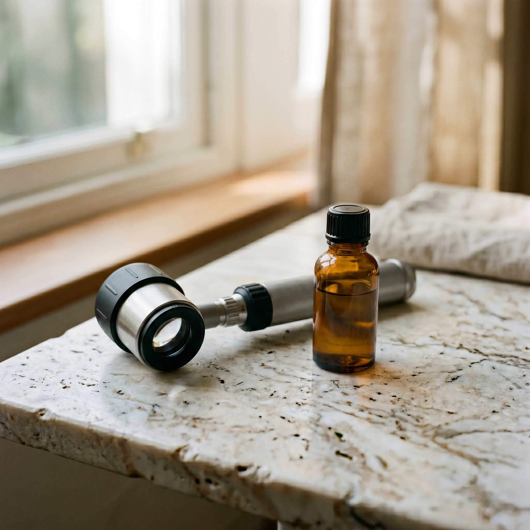 A dermatoscope resting on a pale marble surface.